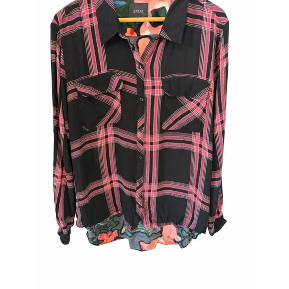 Guess Los Angeles Plaid Floral Blouse Womens XL Black Pink Button Down - Picture 3 of 10